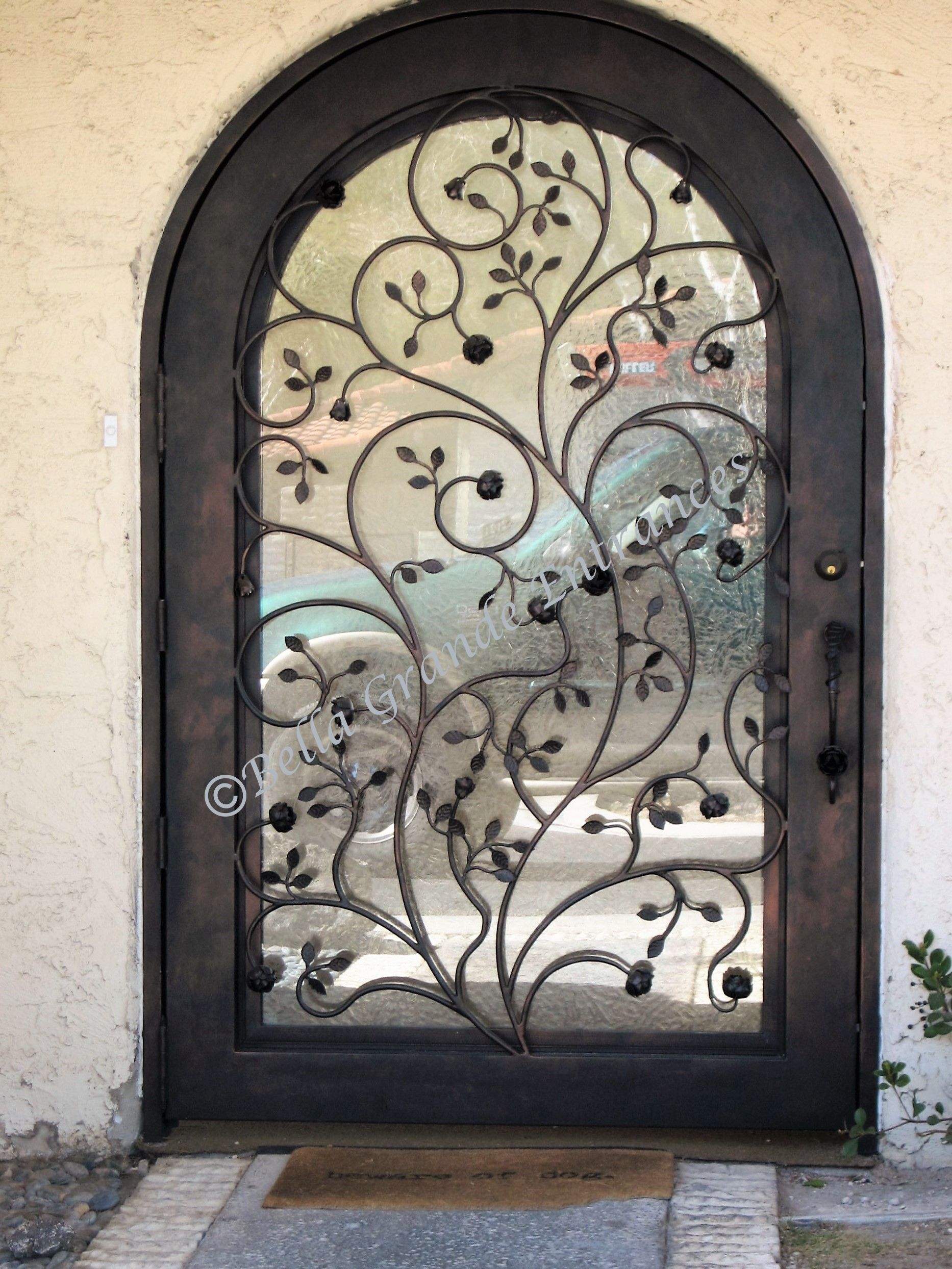An ornamental iron door with a leaf motif and glass is elegantly positioned in front of a residence in Las Vegas.