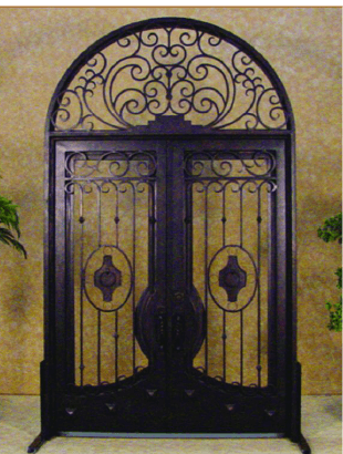 An elegantly designed black metal double iron door with exquisite decorative elements.