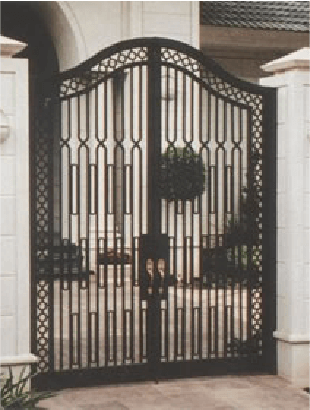 The captivating sight of a black iron gate from Bella Grande Entrances, accompanied by an elegant white pillar.