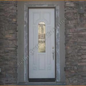 A white wooden door with a glass panel.